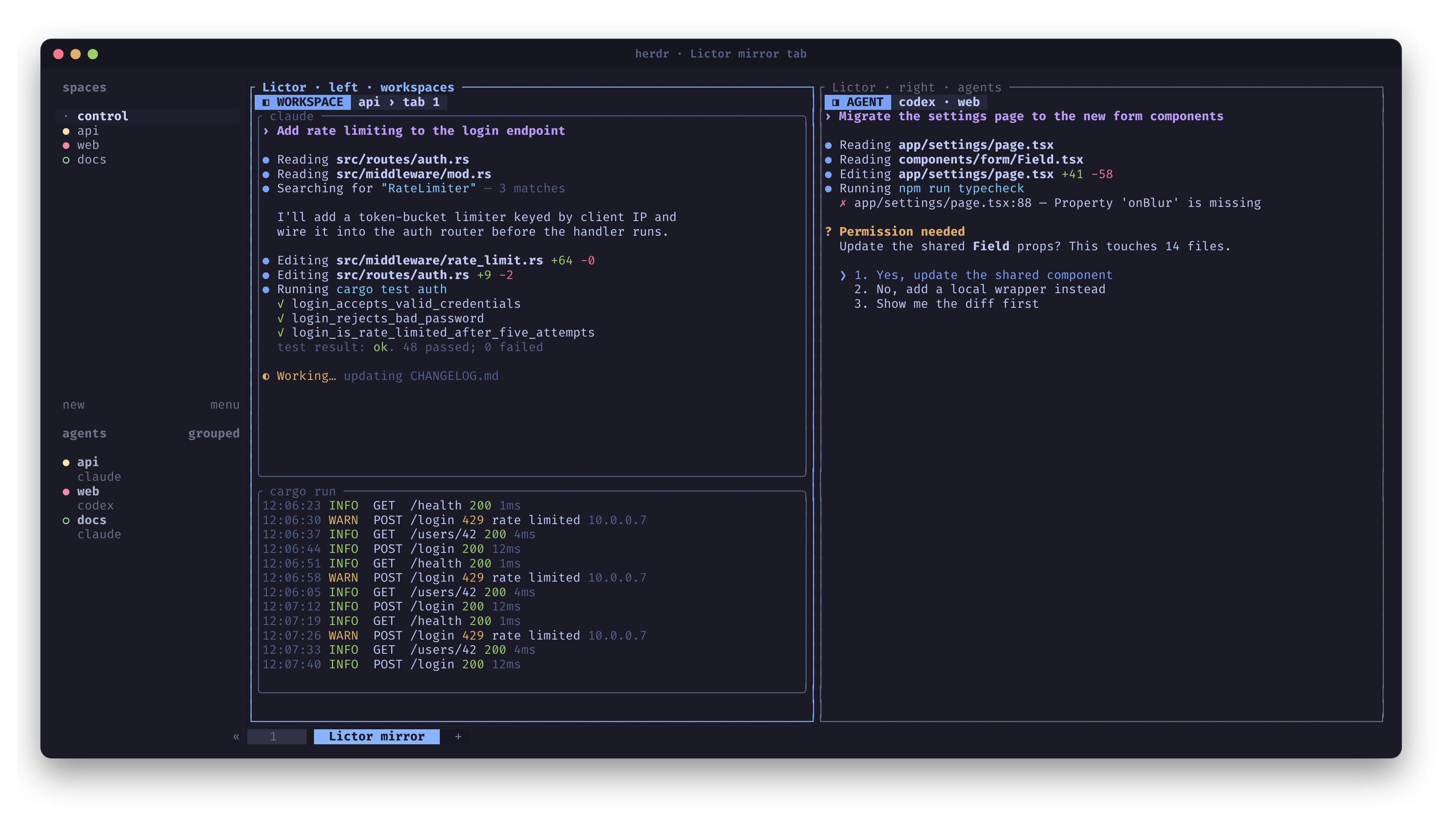 A Lictor mirror tab: a workspace with its agent and server log on the left, a blocked agent on the right