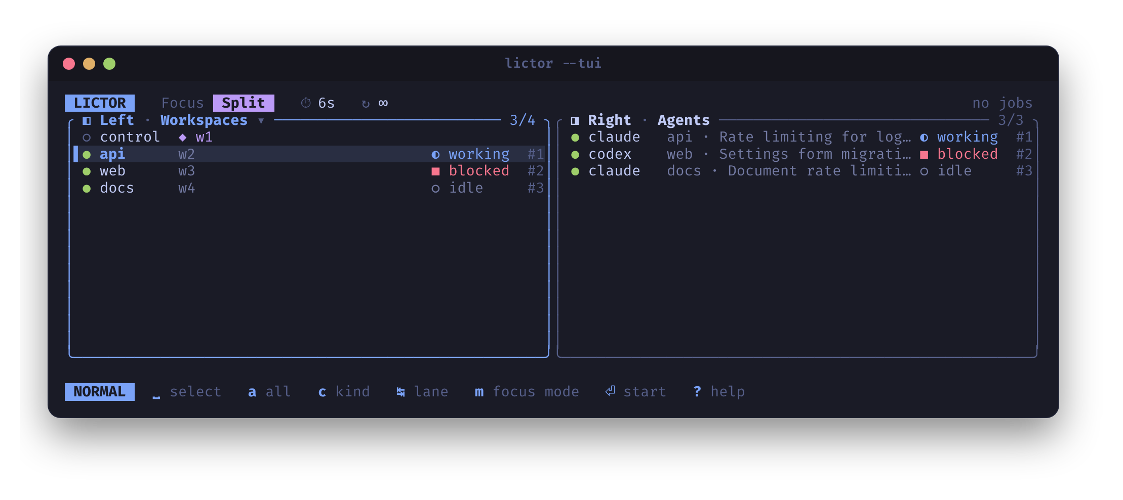 The controller in split mode, with workspaces in the left lane and agents in the right lane